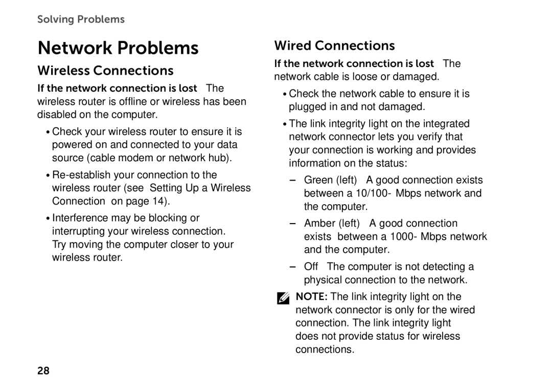 Dell D06D setup guide Network Problems, Wireless Connections, Wired Connections 