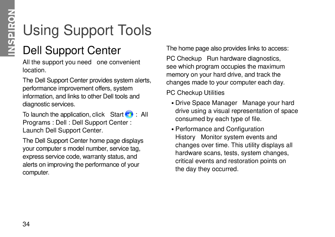 Dell D06D setup guide Using Support Tools, Dell Support Center 