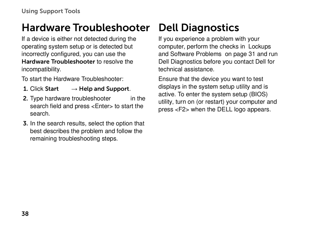 Dell D06D setup guide Hardware Troubleshooter, Dell Diagnostics 