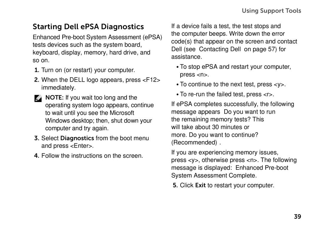 Dell D06D setup guide Starting Dell ePSA Diagnostics 