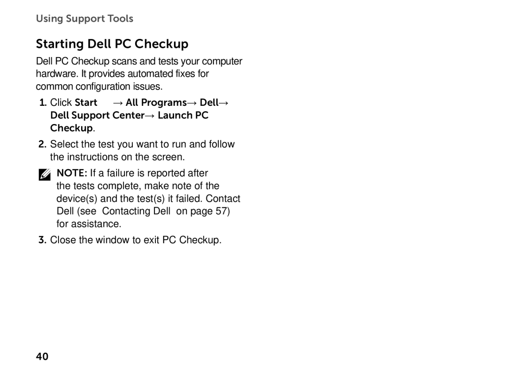 Dell D06D setup guide Starting Dell PC Checkup 