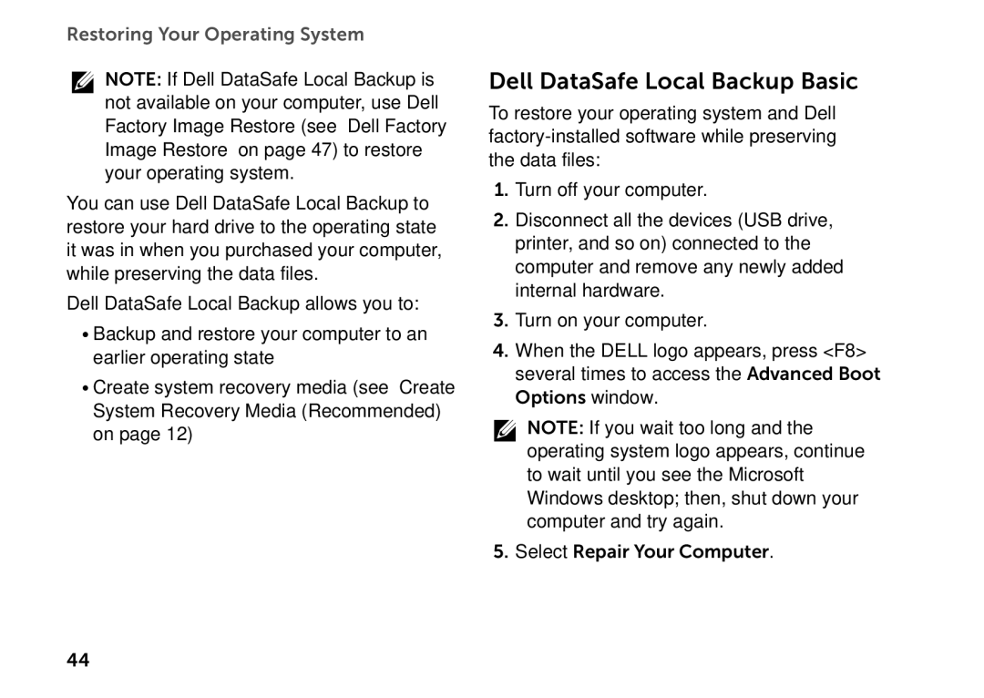 Dell D06D setup guide Dell DataSafe Local Backup Basic 