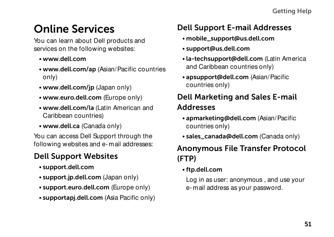 Dell D06D setup guide Online Services, Dell Support Websites, Dell Support E-mail Addresses 