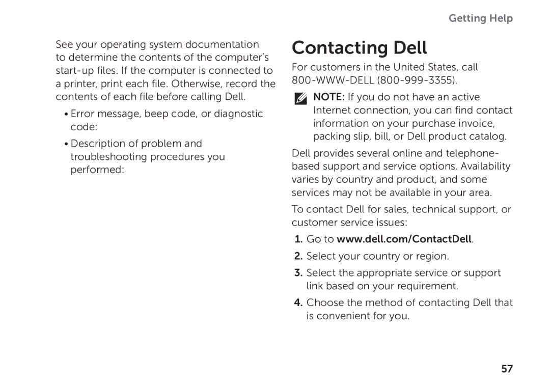 Dell D06D setup guide Contacting Dell 