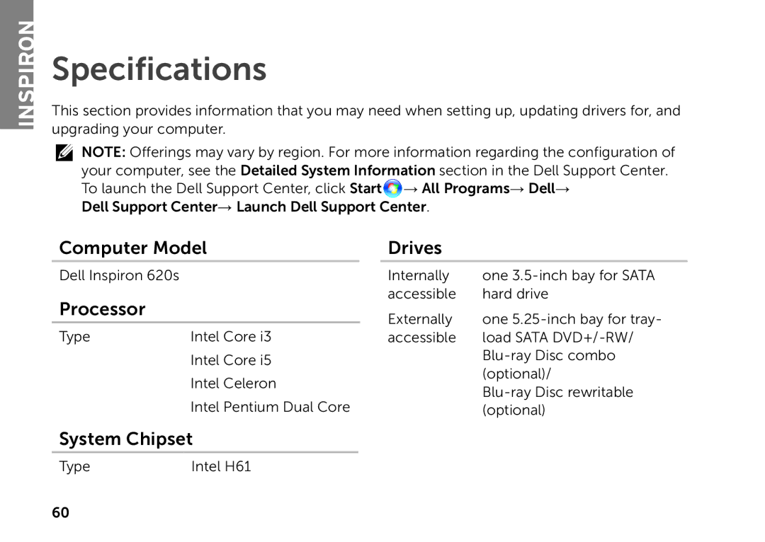 Dell D06D setup guide Specifications, Computer Model Drives, Processor, System Chipset 