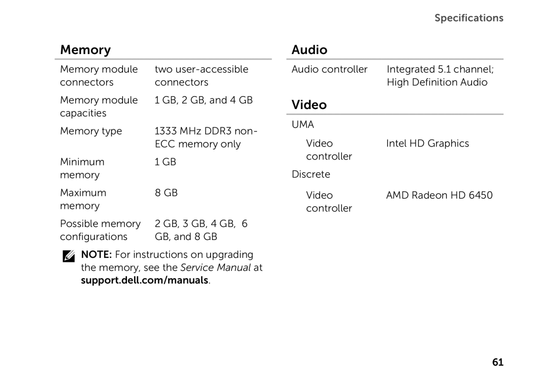 Dell D06D setup guide Memory, Audio, Video 