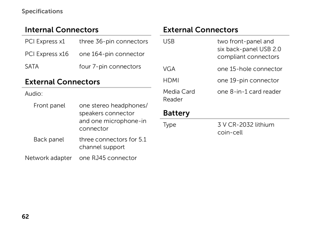 Dell D06D setup guide Internal Connectors, External Connectors, Battery 