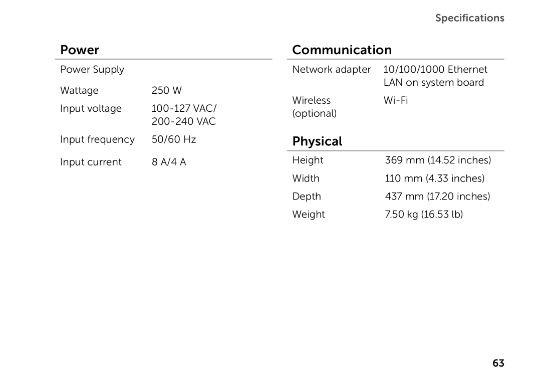 Dell D06D setup guide Power, Communication, Physical 