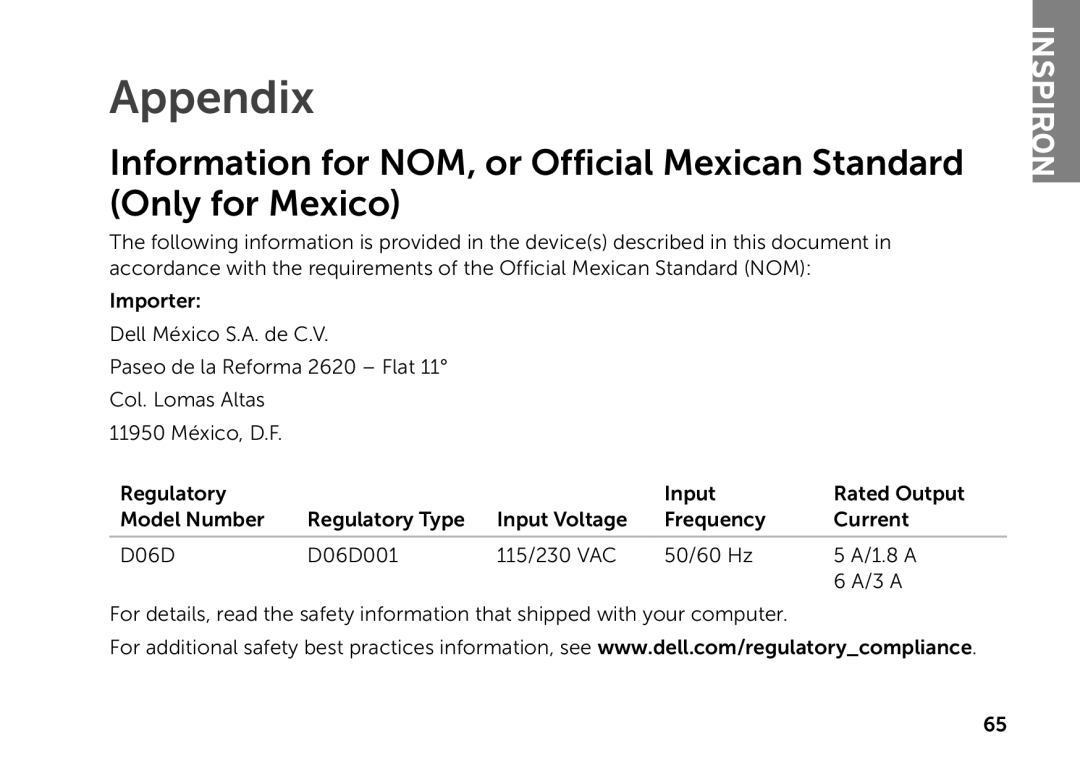 Dell D06D setup guide Appendix 