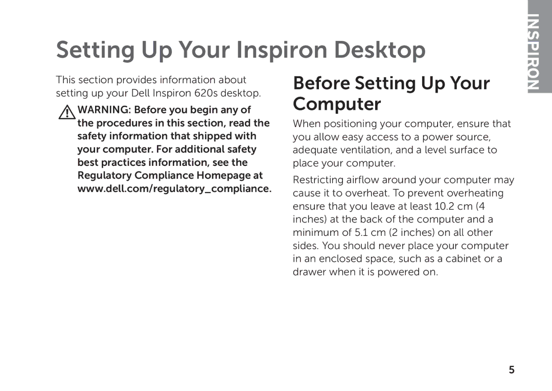 Dell D06D setup guide Setting Up Your Inspiron Desktop, Before Setting Up Your Computer 