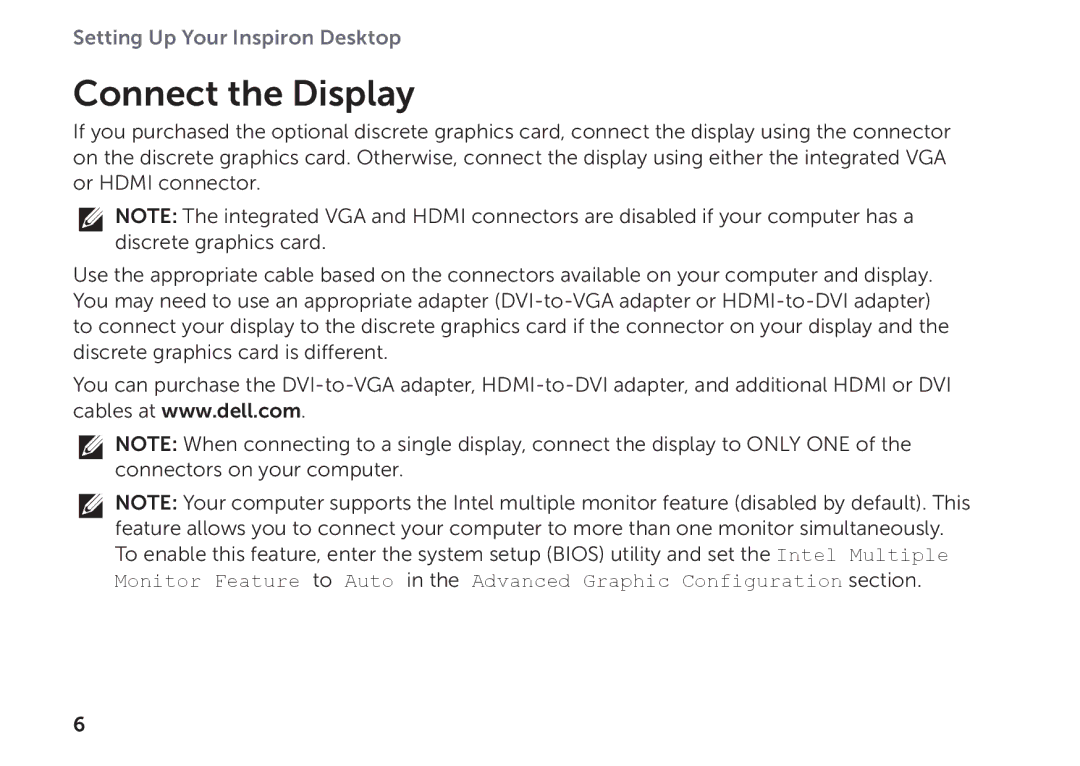 Dell D06D setup guide Connect the Display 