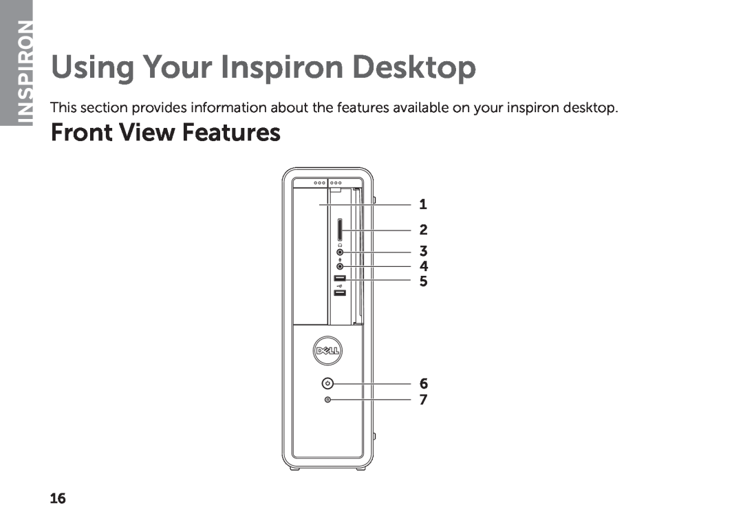 Dell D06D setup guide Using Your Inspiron Desktop, Front View Features 