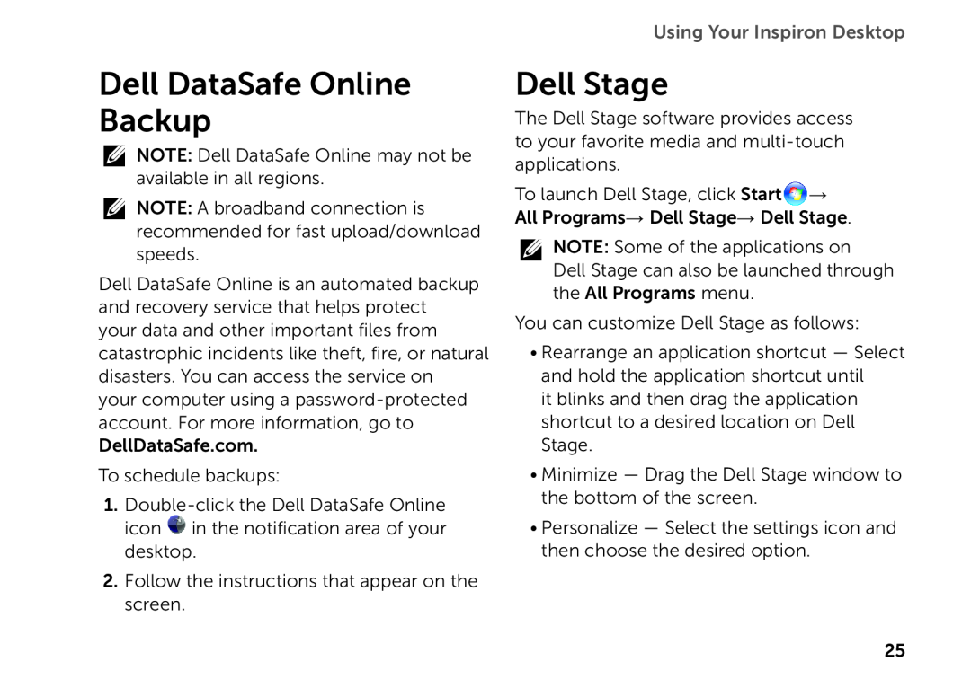 Dell D06D setup guide Dell DataSafe Online Backup, Dell Stage, Using Your Inspiron Desktop 