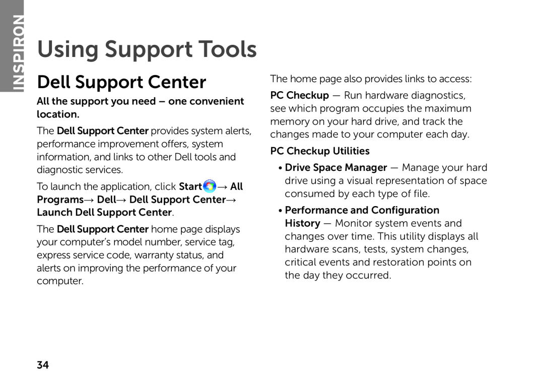 Dell D06D setup guide Using Support Tools, Dell Support Center, Inspiron 