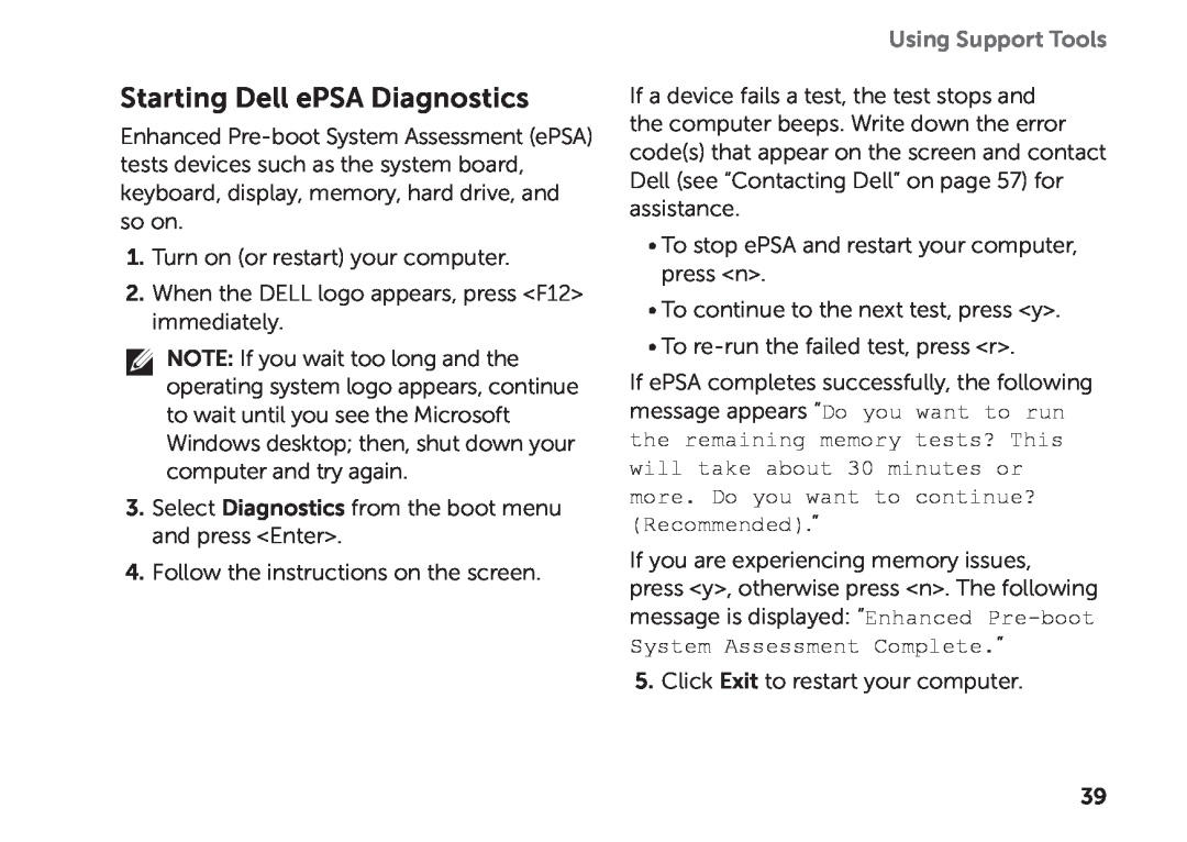 Dell D06D setup guide Starting Dell ePSA Diagnostics, Using Support Tools 