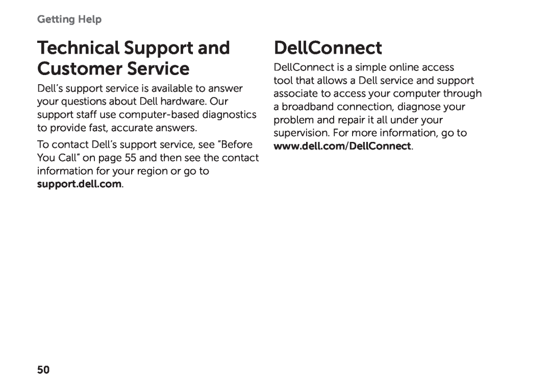 Dell D06D setup guide Technical Support and Customer Service, DellConnect, Getting Help 