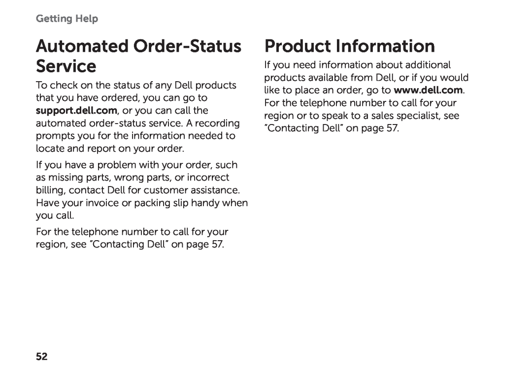 Dell D06D setup guide Automated Order-Status Service, Product Information, Getting Help 