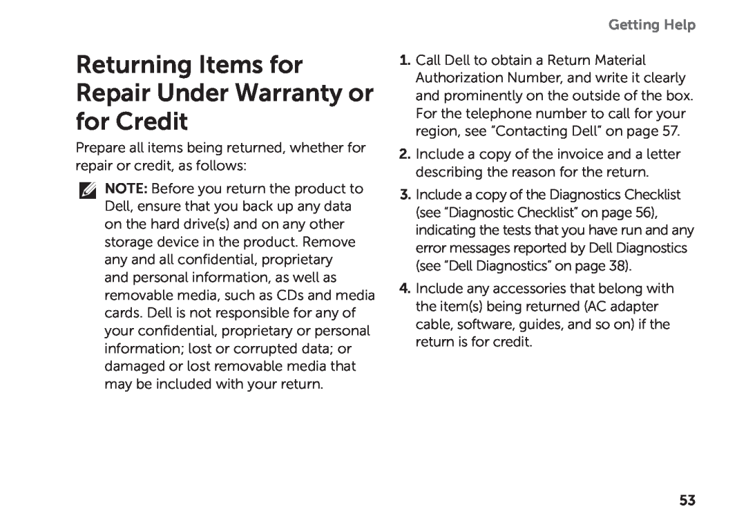Dell D06D setup guide Returning Items for Repair Under Warranty or for Credit, Getting Help 