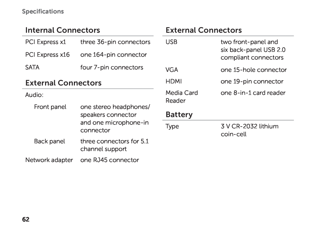 Dell D06D setup guide Internal Connectors, External Connectors, Battery, Specifications 