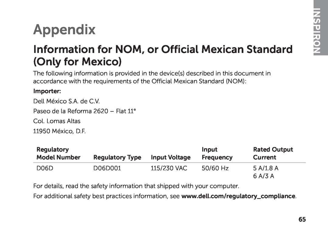 Dell D06D setup guide Appendix, Information for NOM, or Official Mexican Standard Only for Mexico, Inspiron 