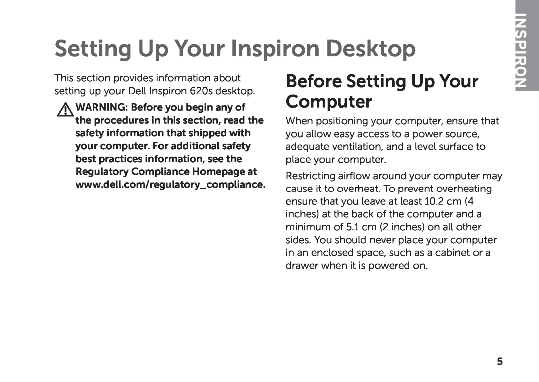 Dell D06D setup guide Setting Up Your Inspiron Desktop, Before Setting Up Your Computer 