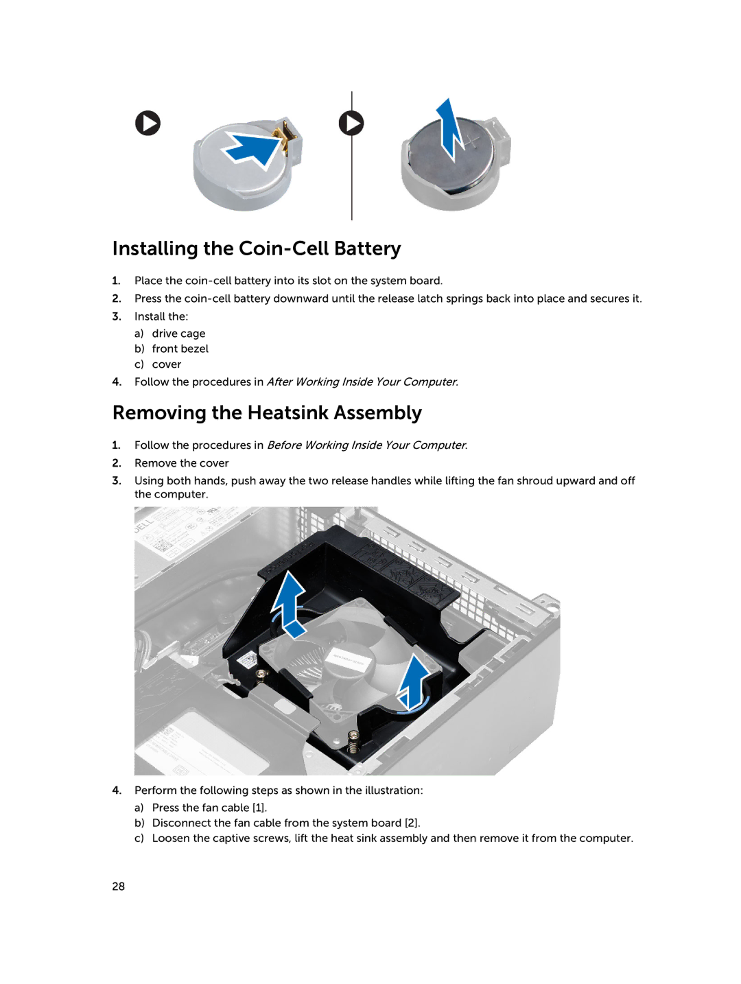 Dell D08S owner manual Installing the Coin-Cell Battery, Removing the Heatsink Assembly 