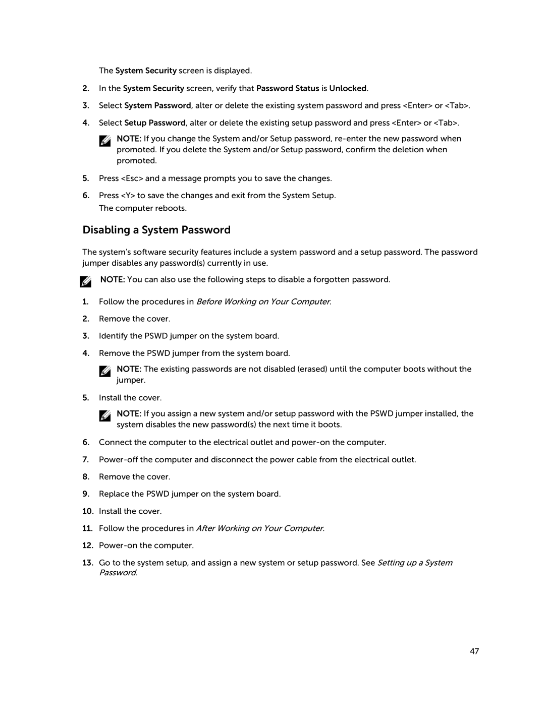 Dell D08S owner manual Disabling a System Password 