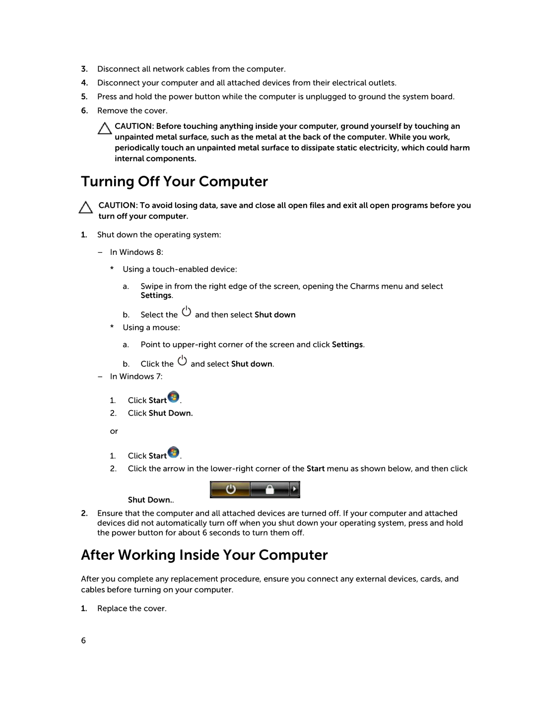 Dell D08S owner manual Turning Off Your Computer, After Working Inside Your Computer 