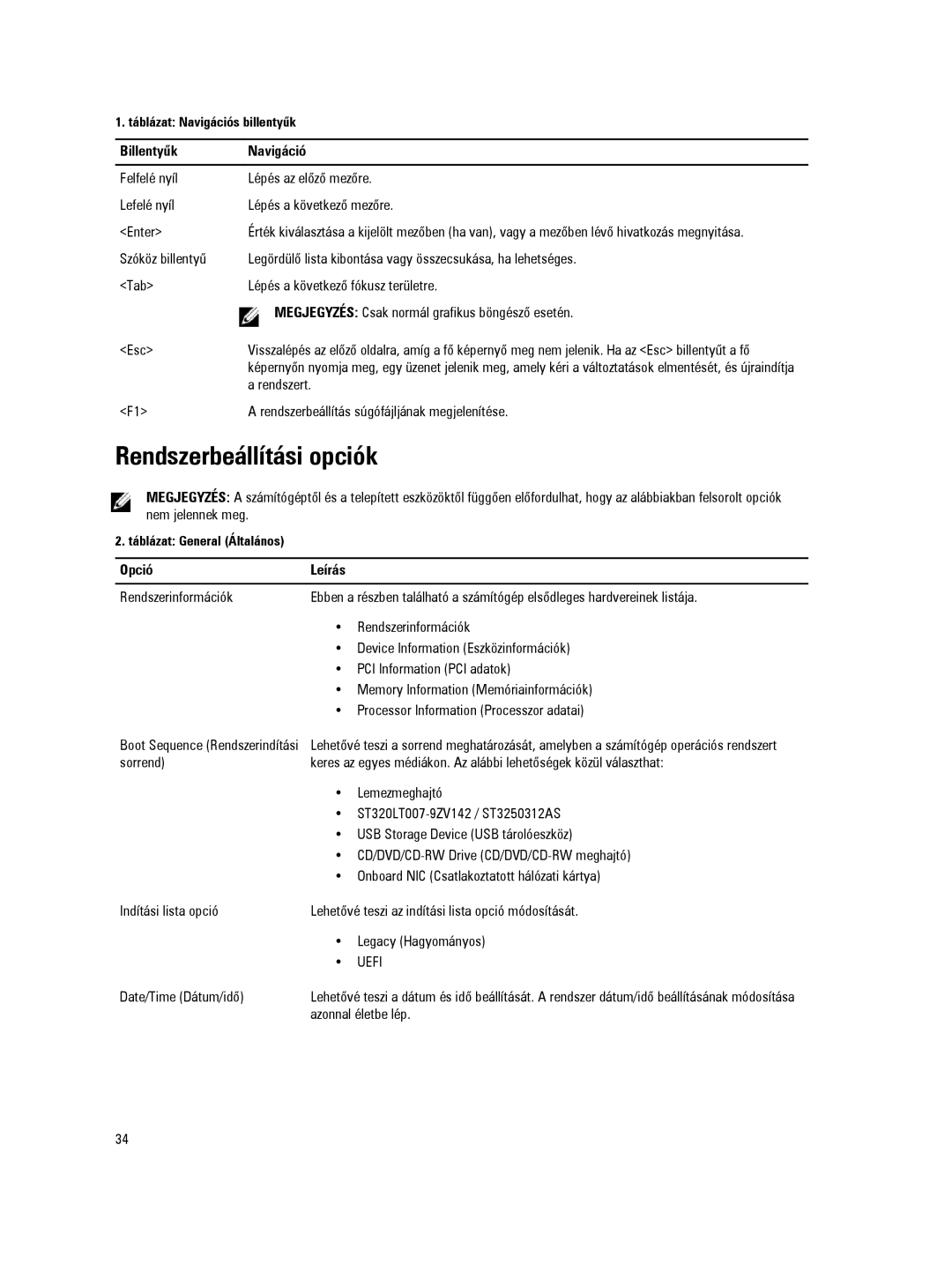 Dell D09M manual Rendszerbeállítási opciók, BillentyűkNavigáció, Opció Leírás 