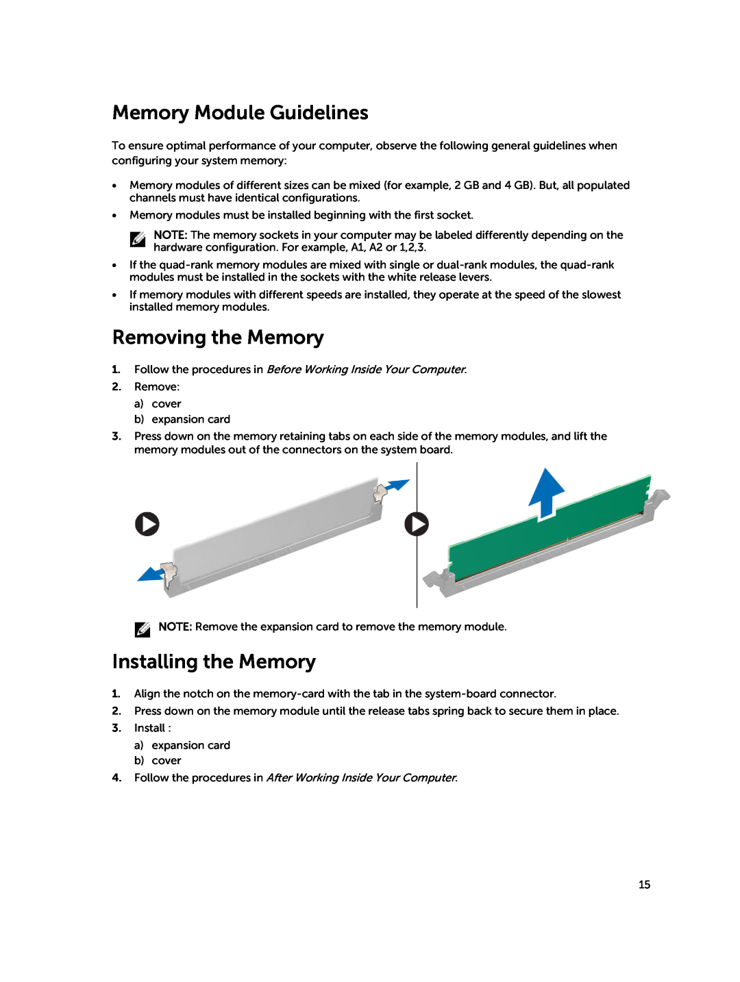 Dell D15M owner manual Memory Module Guidelines, Removing the Memory, Installing the Memory 
