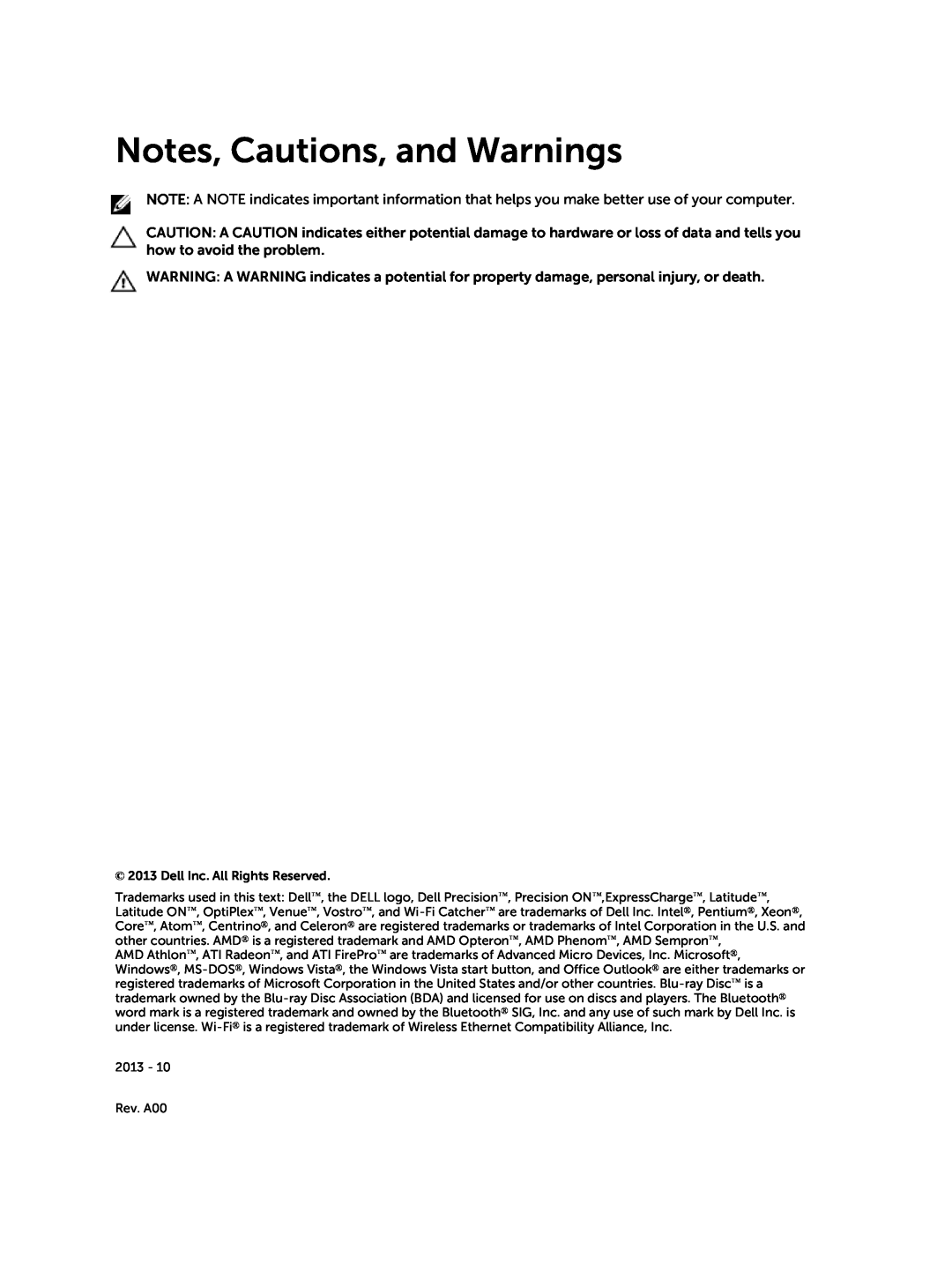 Dell D15M owner manual Notes, Cautions, and Warnings 
