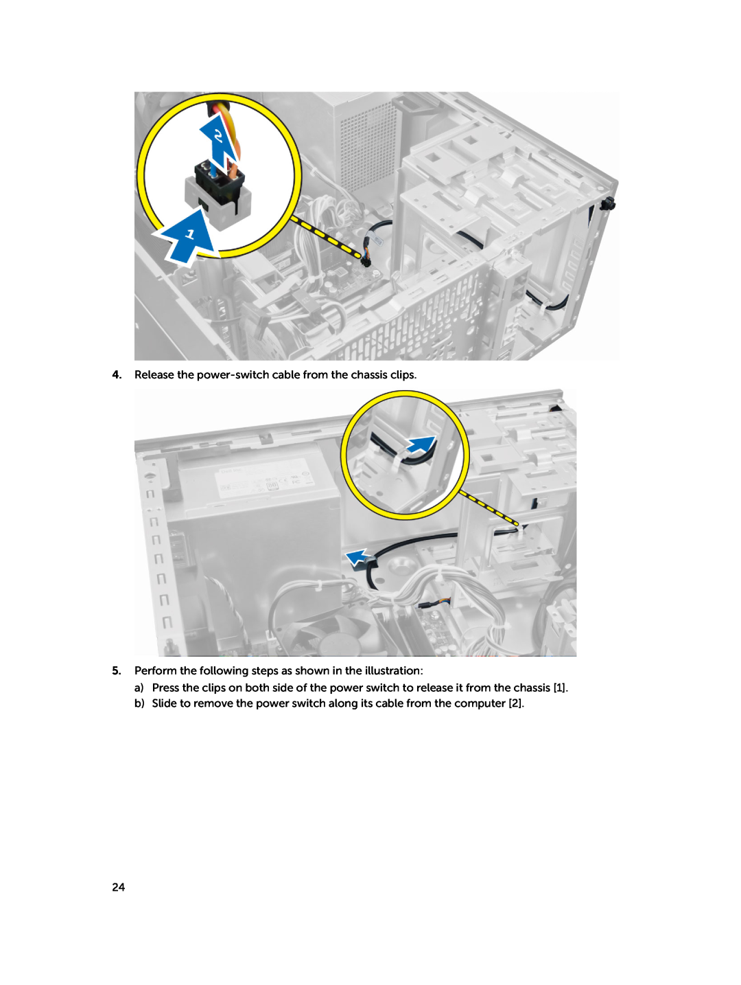 Dell D15M Release the power-switch cable from the chassis clips, Perform the following steps as shown in the illustration 