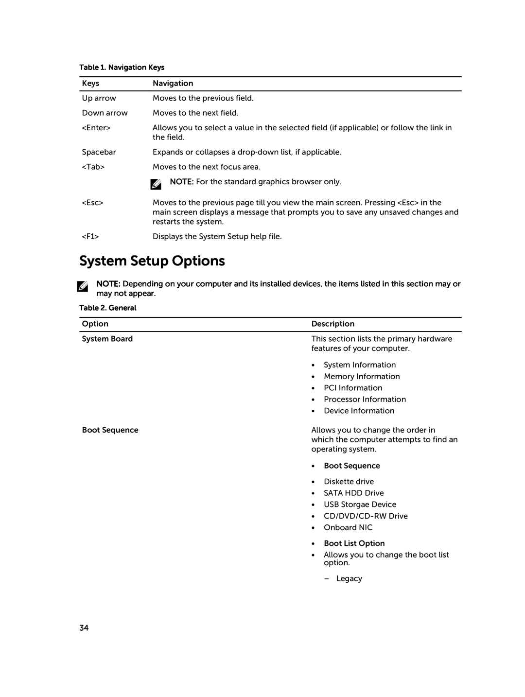 Dell D15M owner manual System Setup Options, Navigation Keys, General 
