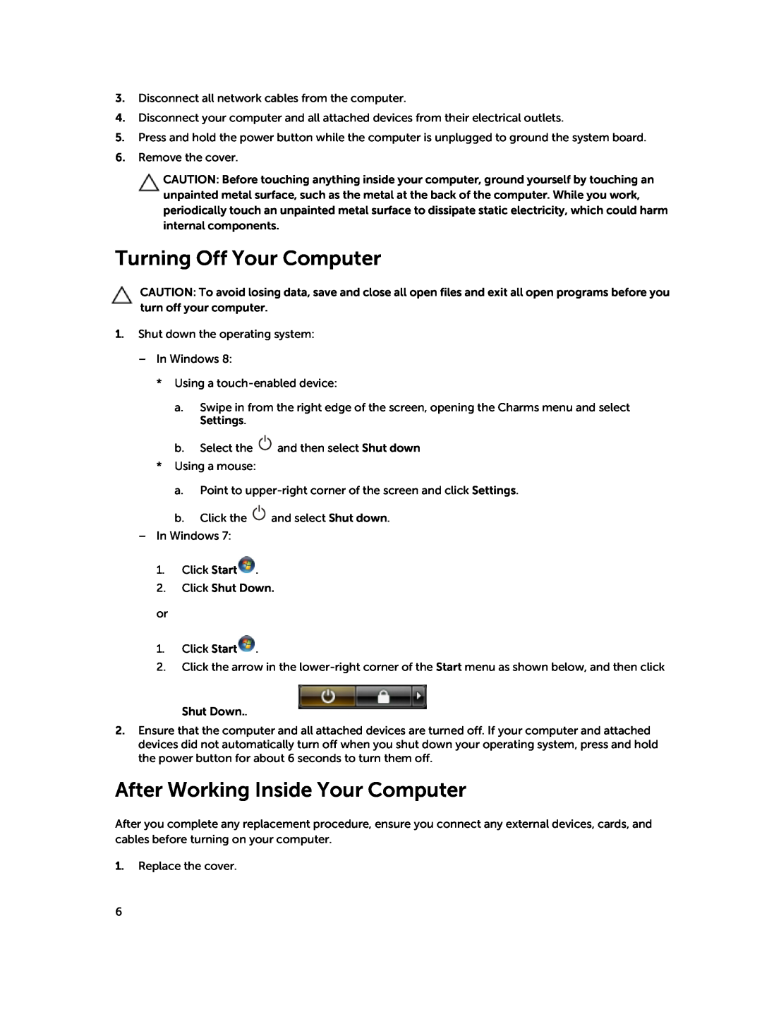 Dell D15M owner manual Turning Off Your Computer, After Working Inside Your Computer 