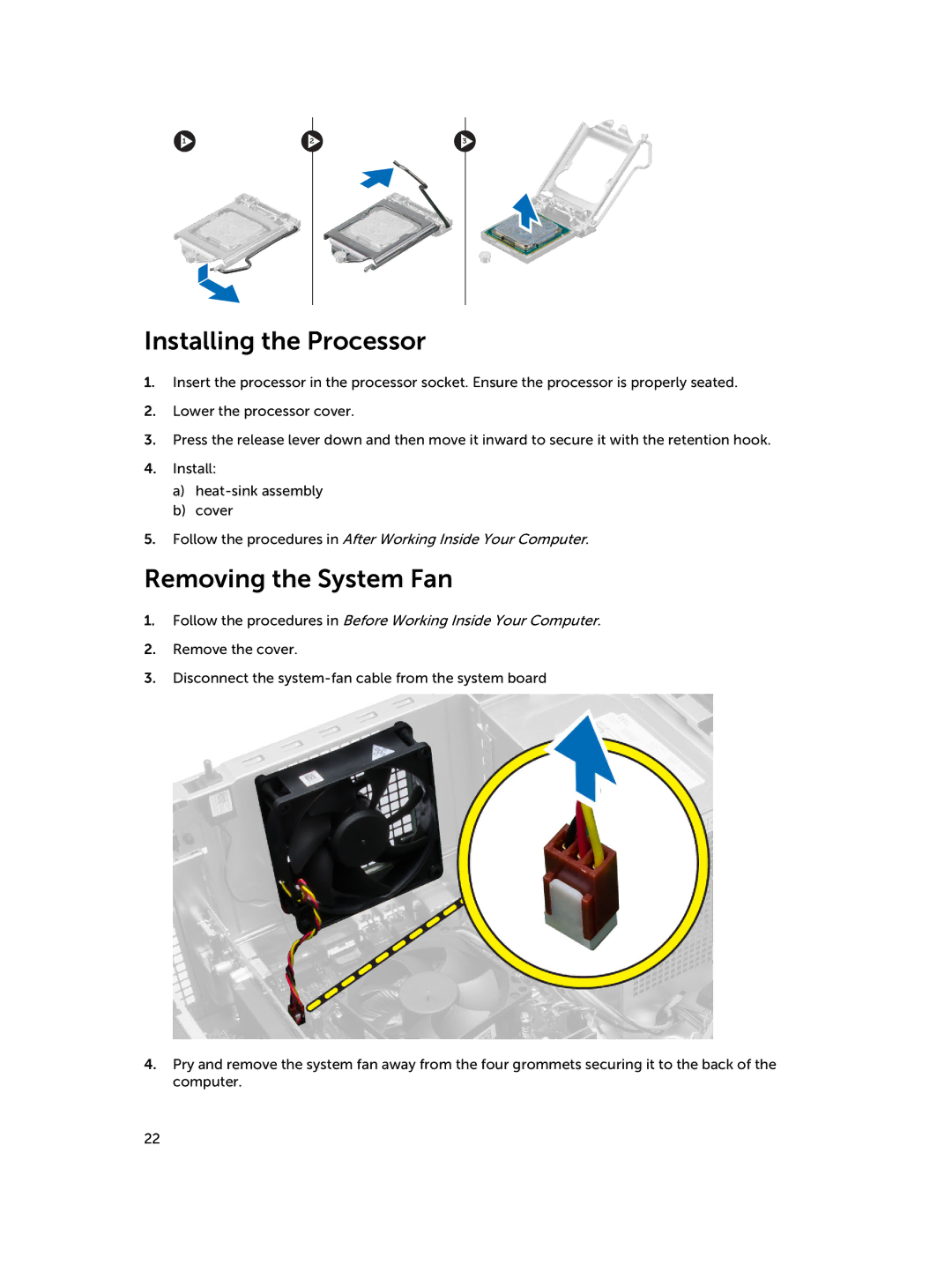 Dell D15M owner manual Installing the Processor, Removing the System Fan 