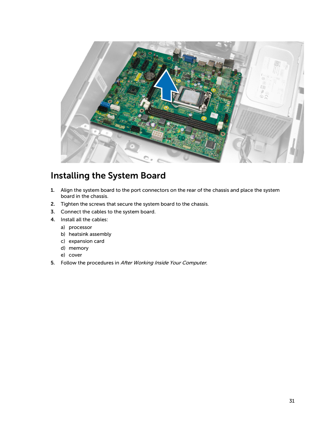 Dell D15M owner manual Installing the System Board 