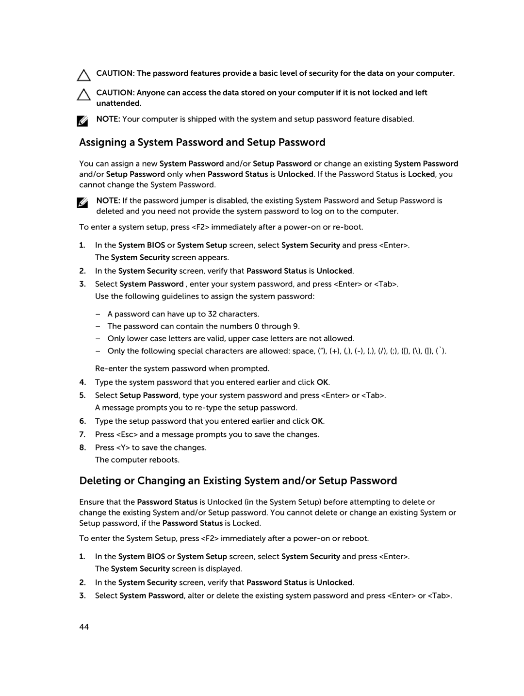 Dell D15M owner manual Assigning a System Password and Setup Password 