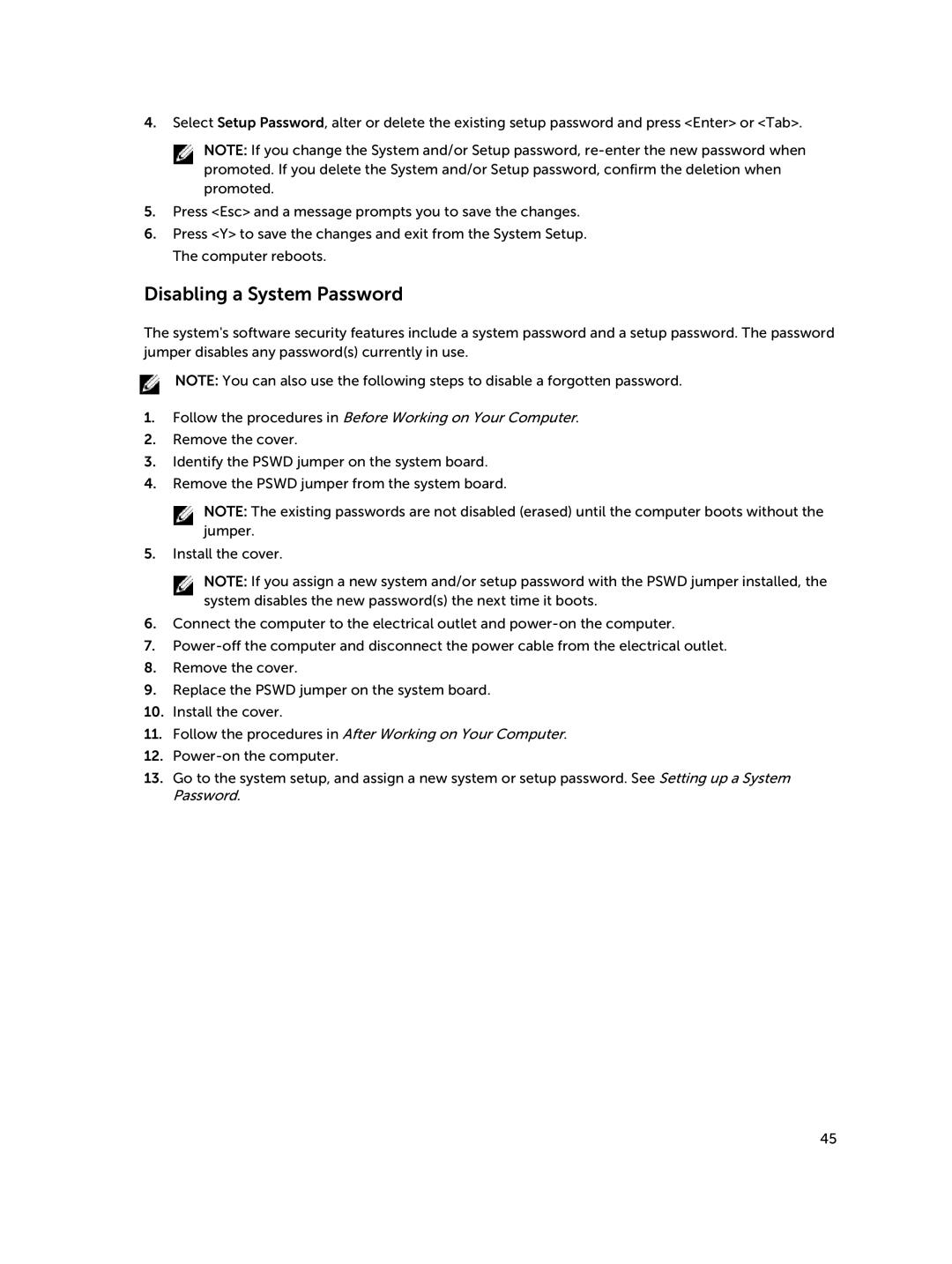 Dell D15M owner manual Disabling a System Password 