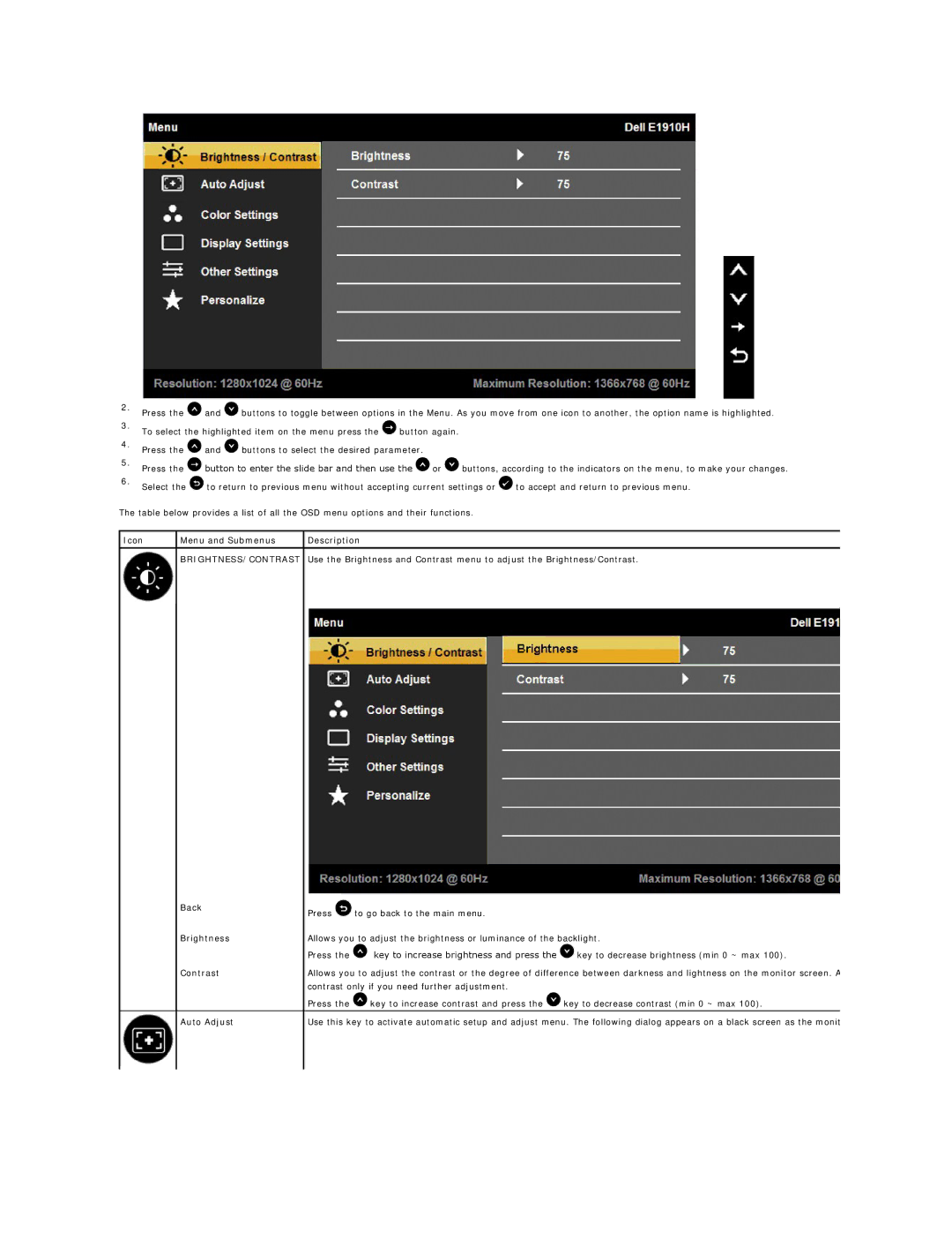 Dell D176P, E1910Hc manual Icon Menu and Submenus Description, Brightness/Contrast, Back Brightness Contrast Auto Adjust 