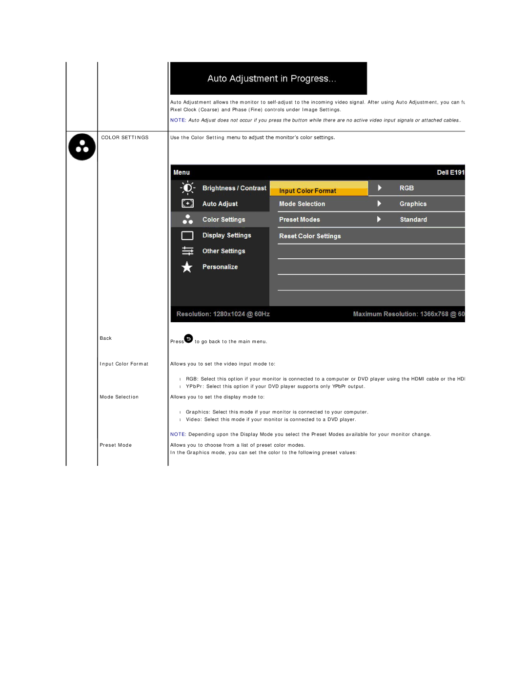 Dell E1910Hc, D176P manual Color Settings, Back Input Color Format Mode Selection Preset Mode 