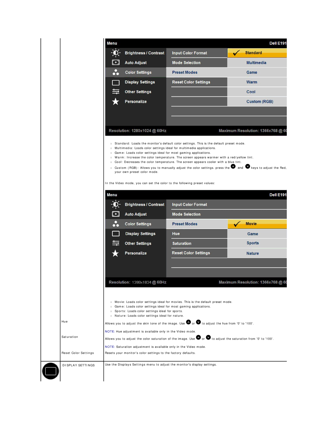 Dell D176P, E1910Hc manual Hue Saturation Reset Color Settings, Display Settings 