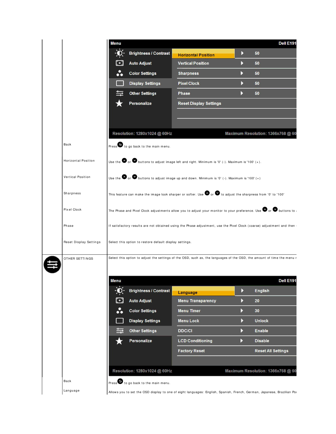 Dell E1910Hc, D176P manual Other Settings, Back Language 