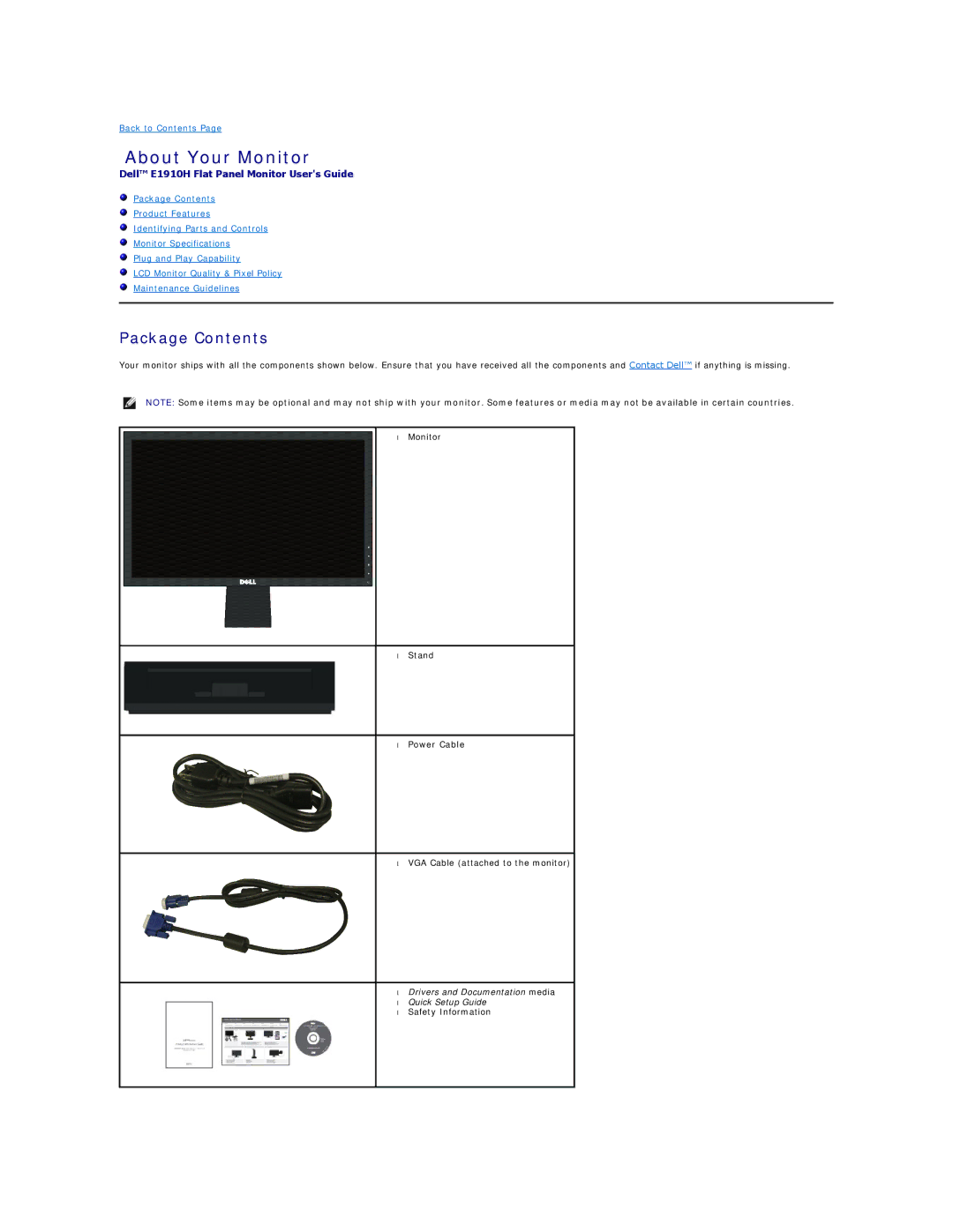 Dell D176P, E1910Hc manual About Your Monitor, Package Contents 