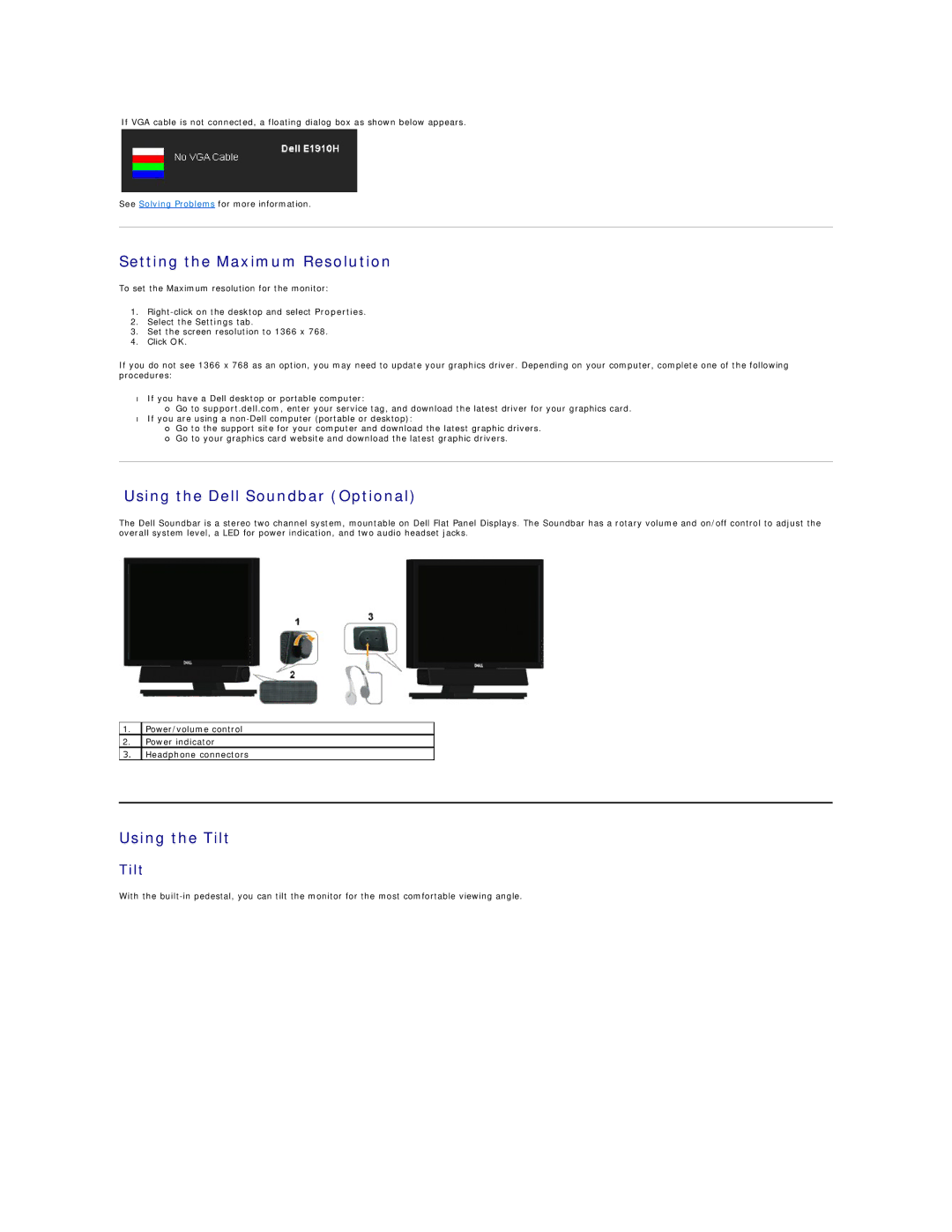 Dell D176P, E1910Hc manual Setting the Maximum Resolution, Using the Dell Soundbar Optional, Using the Tilt 