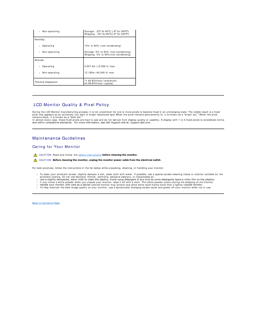 Dell D176P, E1910Hc manual LCD Monitor Quality & Pixel Policy, Maintenance Guidelines, Caring for Your Monitor 