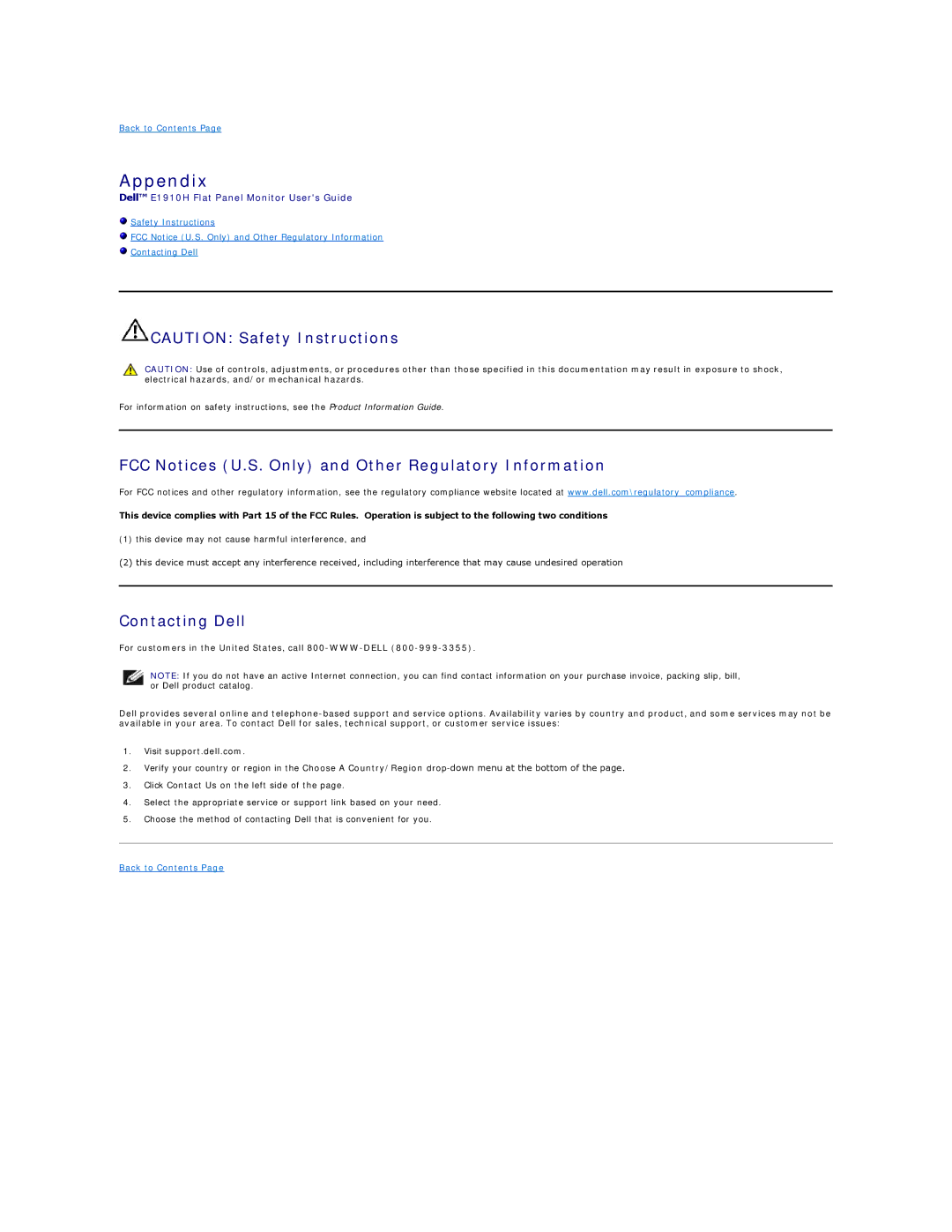 Dell E1910Hc, D176P manual Appendix, FCC Notices U.S. Only and Other Regulatory Information, Contacting Dell 