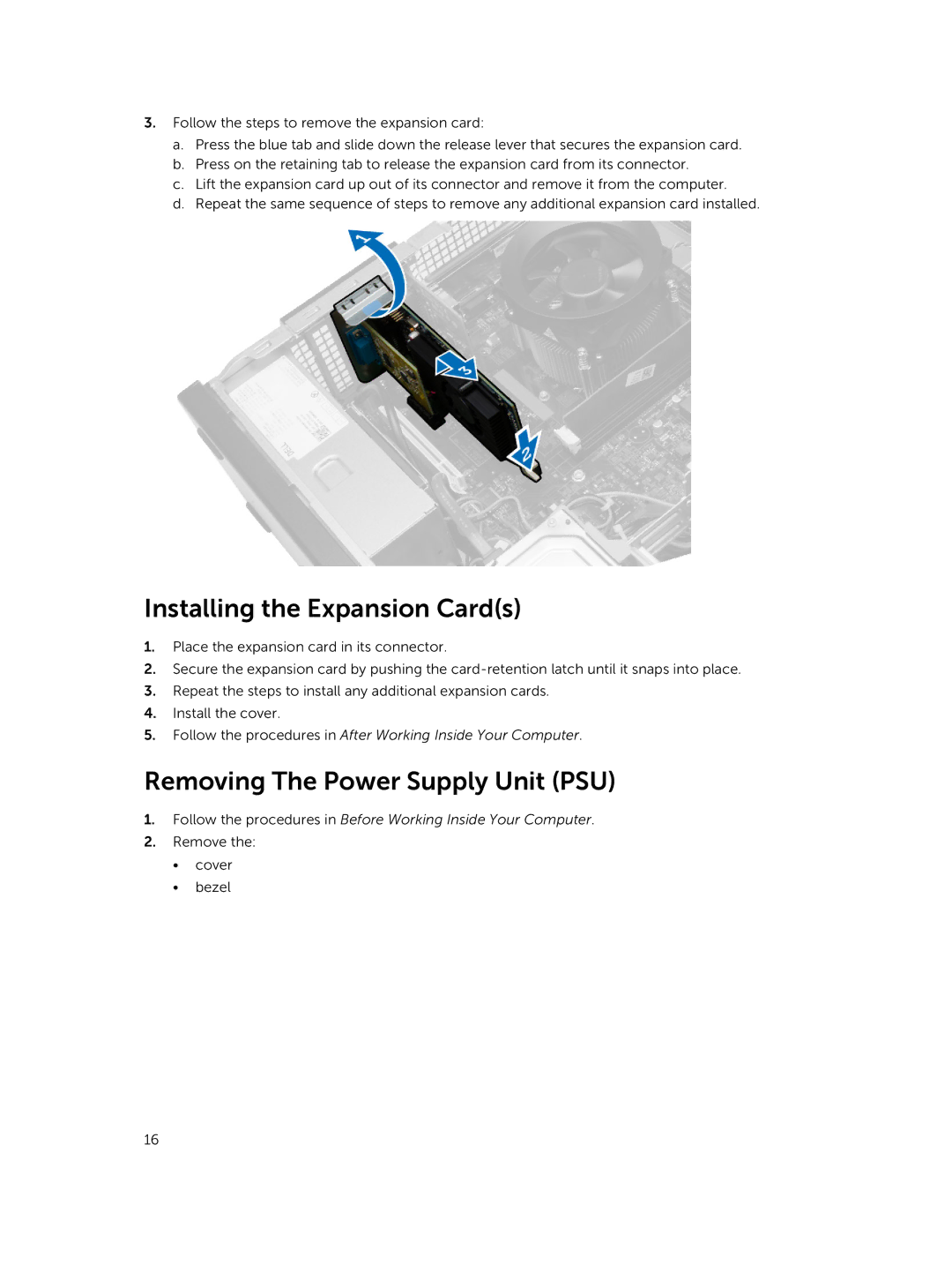 Dell D17M manual Installing the Expansion Cards, Removing The Power Supply Unit PSU 