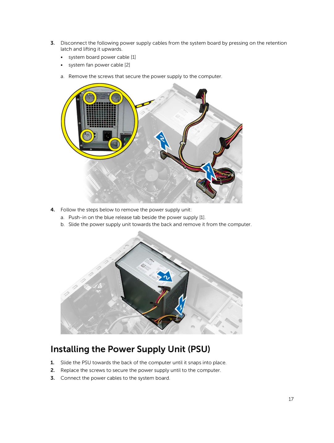 Dell D17M manual Installing the Power Supply Unit PSU 