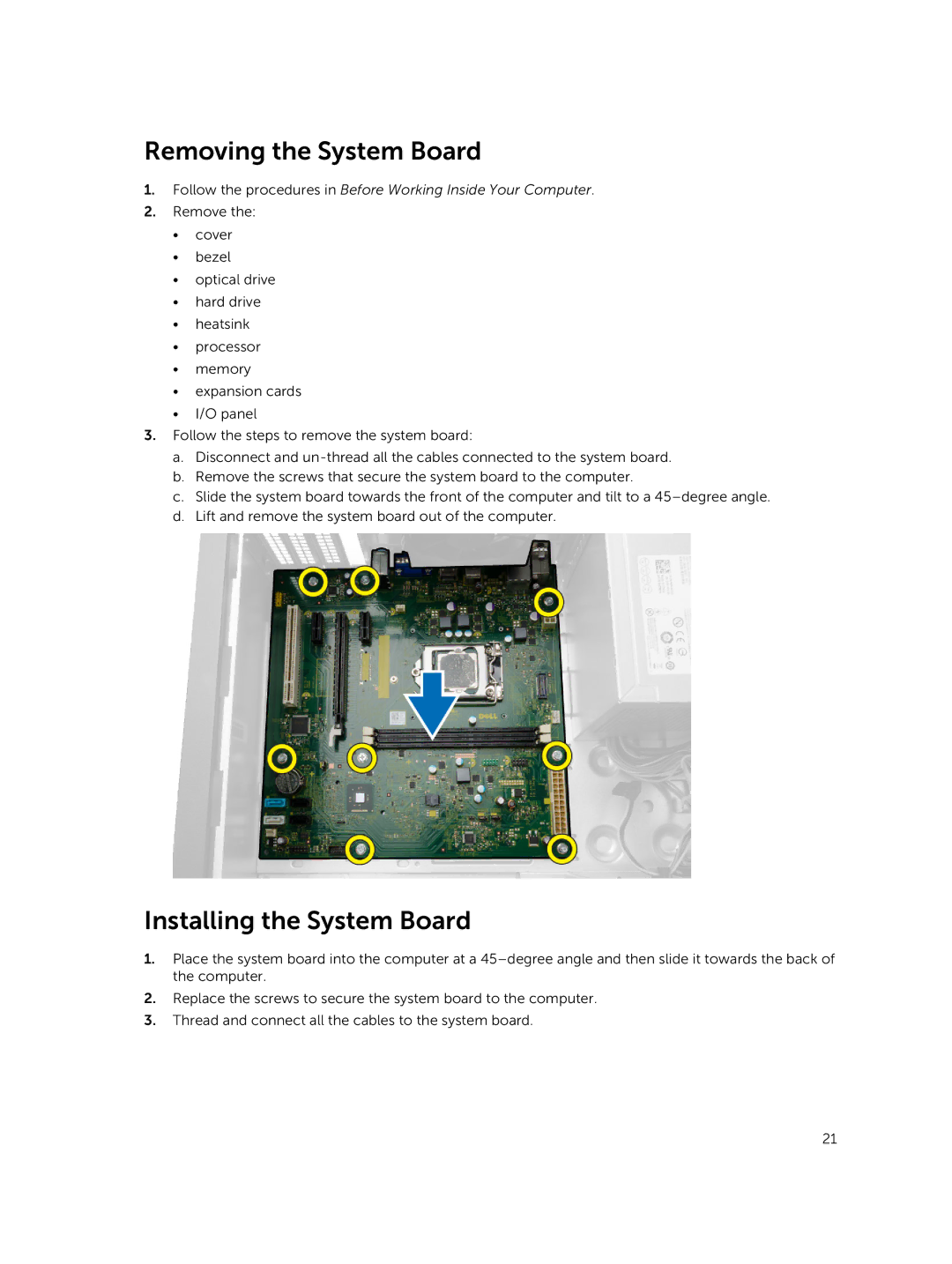 Dell D17M manual Removing the System Board, Installing the System Board 