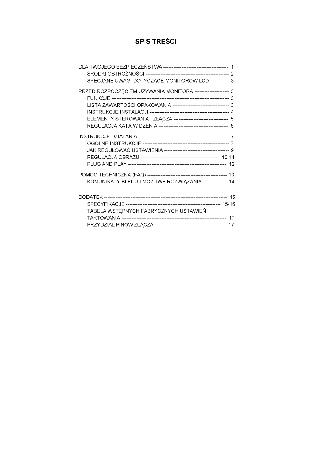 Dell D1901N user manual Spis Treści, Komunikaty Błędu I Możliwe Rozwiązania, Tabela Wstępnych Fabrycznych Ustawień 